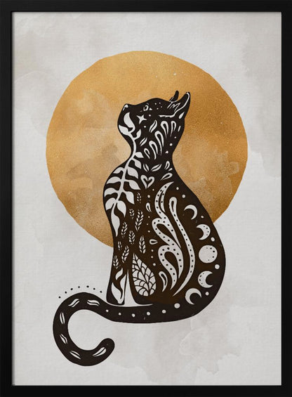 A stylized black cat silhouette sits in profile, looking upwards. Its body is filled with intricate white folk-art patterns of leaves, swirls, hearts, and crescent moons. Behind the cat is a large, textured golden circle against a light grey, watercolor-style background. Artwork