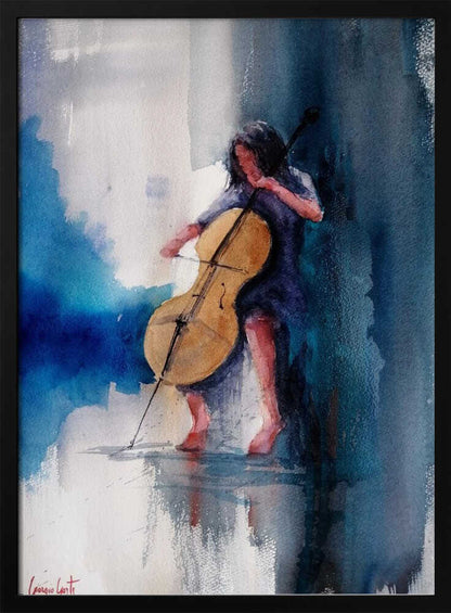 A musician performing a piece on a cello, depicted as an art print or poster. Artwork