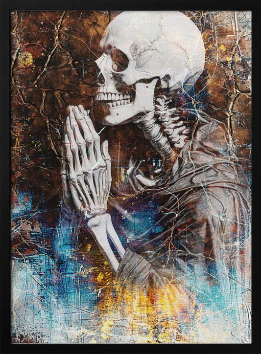 A mixed media artwork of a skeleton from the chest up, in profile, with its hands clasped together in prayer. The background is a heavily textured and cracked dark brown, with abstract splashes of blue and fiery yellow, particularly at the bottom. Wall Art