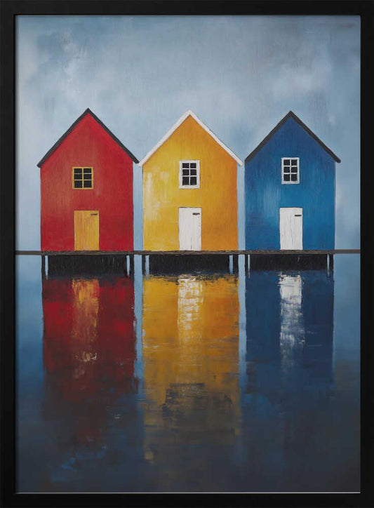 A painting of three houses in primary colors—red, yellow, and blue—lined up on a pier over a body of water. The houses and their vibrant colors are reflected in the calm water below, all under a muted, overcast sky. The piece is in a black frame. Decor