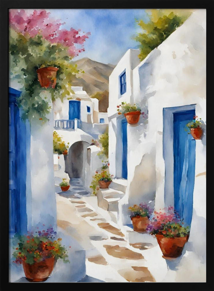 A vibrant watercolor painting of a sunlit alleyway in a Greek island village, featuring whitewashed buildings with iconic blue doors, and colorful flowers in terracotta pots. A mountain can be seen in the distance under a clear blue sky. Poster