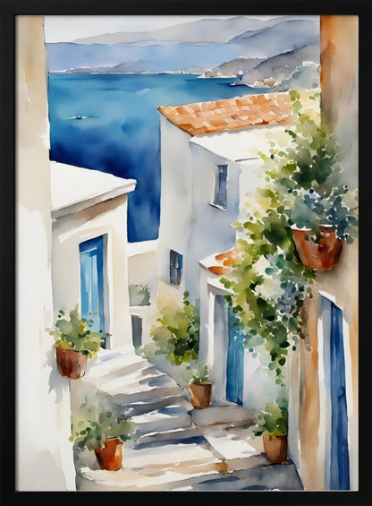 A watercolor painting of a narrow, sun-drenched alleyway in a coastal town. Whitewashed buildings with blue doors and terracotta roofs line the stone steps that descend towards a stunning view of the deep blue ocean and distant mountains. Wall Art
