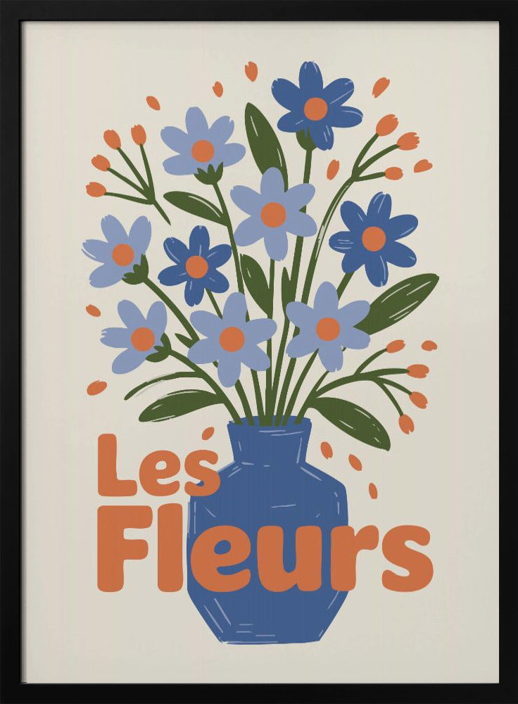 A stylized illustration of a blue vase filled with light and dark blue flowers with orange centers and green leaves. The phrase "Les Fleurs" is written in a bold orange font in the foreground, all set against a cream-colored background and framed in black. Decor