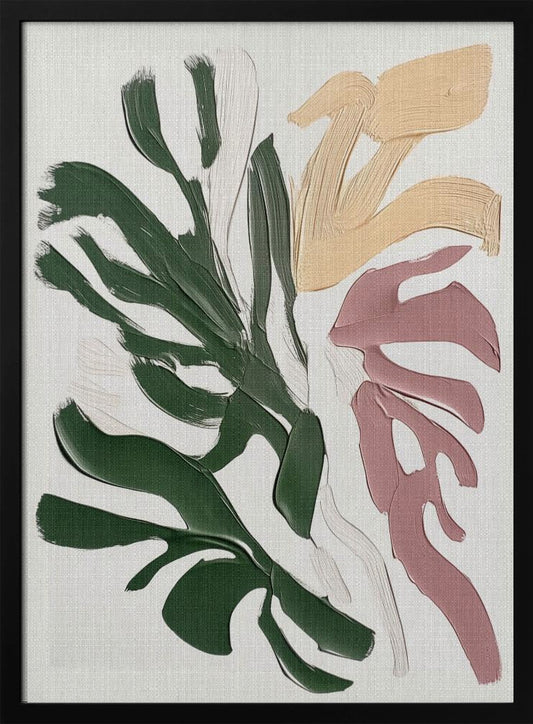 An abstract painting with thick, textured brushstrokes depicting stylized monstera leaves. The composition uses a palette of dark green, dusty rose, and muted beige against a light-colored, textured canvas, all enclosed in a simple black frame. Print