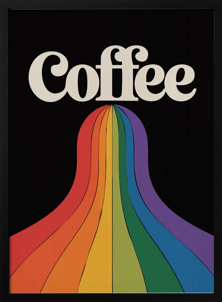 A retro-style poster with a black background featuring the word 'Coffee' in a cream-colored, 1970s-style font. A vibrant, flowing rainbow with stripes of color cascades down from underneath the text. Print