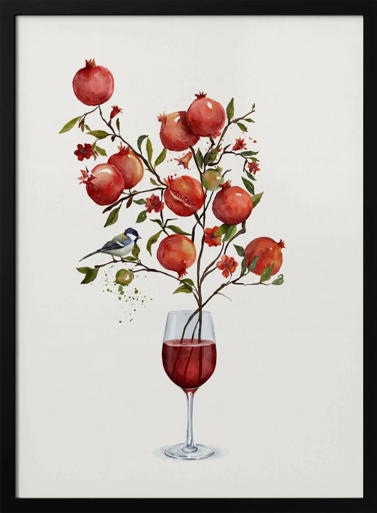 A surreal watercolor painting of a pomegranate branch growing out of a glass of red wine. The branch is laden with ripe red pomegranates, small red blossoms, and green leaves. A small blue and white bird is perched on a twig. The background is a clean, solid white, and the entire image is framed in black. Wall Art