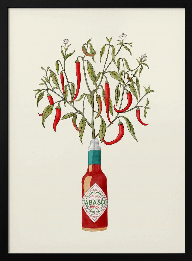 A framed vintage-style illustration of a red chili pepper plant, complete with leaves and blossoms, growing out of the top of a Tabasco brand hot sauce bottle against a cream background. Artwork