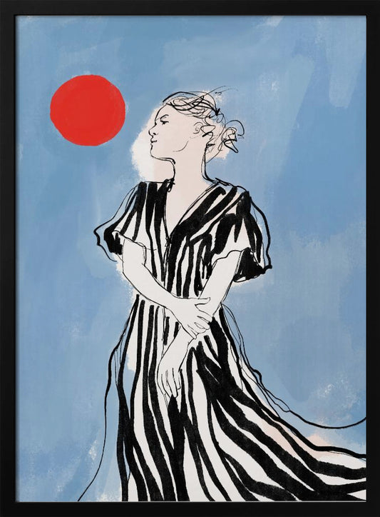 A fashion illustration of a woman in profile against a blue background. She wears a flowing black and white striped dress and her hair is in an updo. A large red circle, like a sun, is in the upper left corner. Wall Art