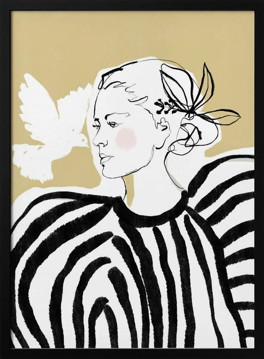 A stylized illustration of a woman in profile against a solid beige background. Her face is a simple black line drawing with a touch of pink blush on her cheek. She wears a bold black and white striped blouse with large, voluminous shoulders. A white, painted silhouette of a dove flies towards her. Wall Art