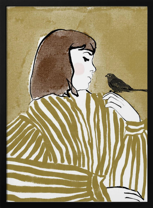 An illustration of a woman with short brown hair, viewed from the side, wearing an olive and white striped blouse. She is looking down at a small black bird perched on her shoulder against a solid textured khaki background. Print
