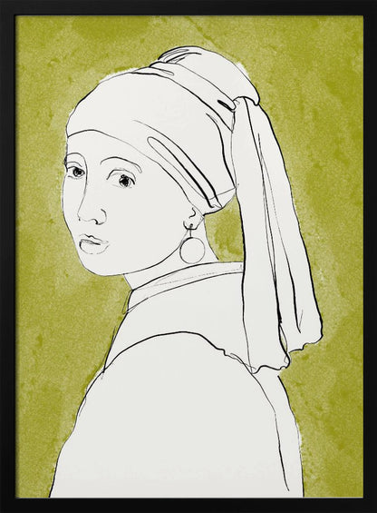 A minimalist line art interpretation of Vermeer's 'Girl with a Pearl Earring'. The portrait is rendered in simple black outlines on a white base, set against a textured olive green background and framed in black. Print