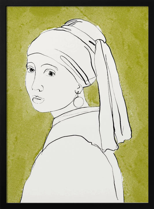 A minimalist line art interpretation of Vermeer's 'Girl with a Pearl Earring'. The portrait is rendered in simple black outlines on a white base, set against a textured olive green background and framed in black. Print