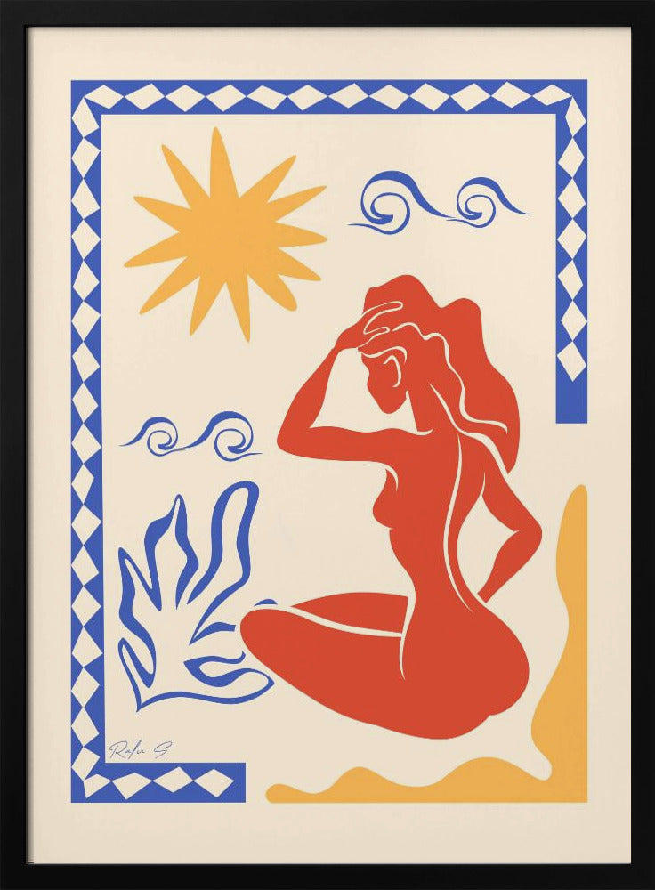 An abstract art print in the style of Matisse featuring a seated red-orange silhouette of a woman gazing outwards. The scene includes a yellow sun, blue stylized waves and a plant on a cream background, all enclosed by a blue and white patterned border. Wall Art