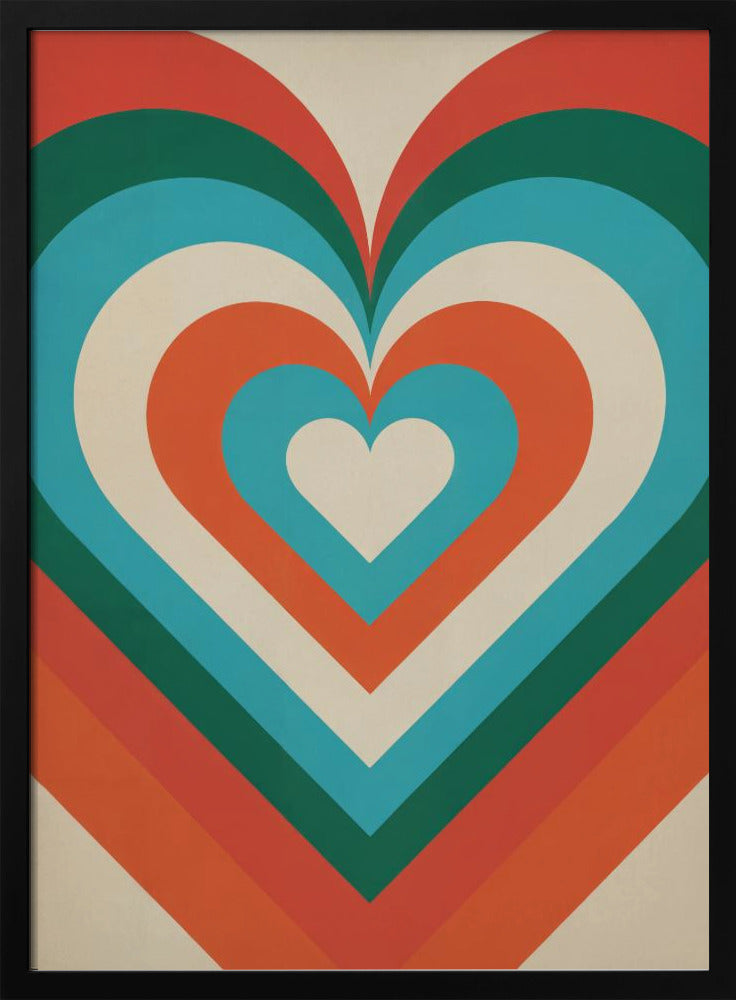 A retro-style graphic art piece featuring a large, centered heart made of concentric layers of orange, green, blue, and cream, creating a hypnotic, repeating pattern. The artwork is presented in a simple black frame. Artwork
