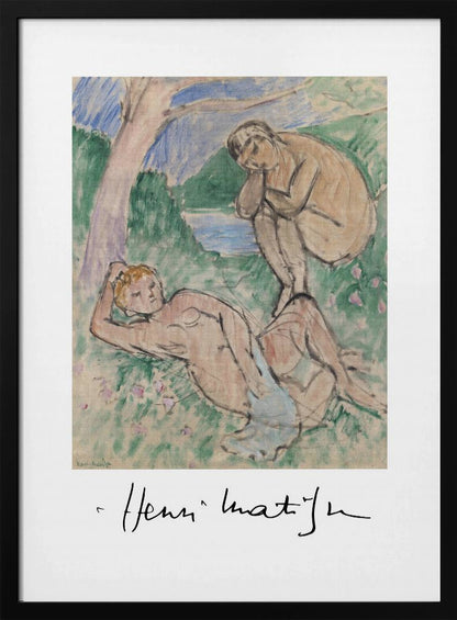 A framed art print of a painting by Henri Matisse featuring two nude figures in a pastoral landscape. One figure reclines in the grassy foreground while another sits by the water in the background. The style is loose and painterly, and the artist's signature is visible below the image on the white mat. Wall Art