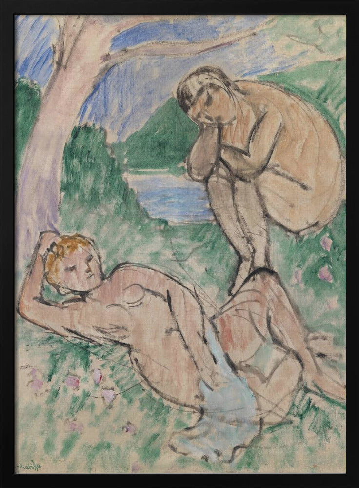 A Fauvist painting by Henri Matisse featuring two nude figures in an idyllic landscape. One figure reclines on a green, flower-dotted lawn in the foreground, while another sits pensively in the background near a body of water with hills beyond, all rendered in loose, expressive brushstrokes. Decor