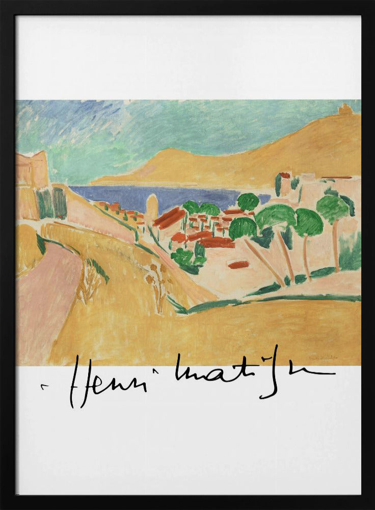 A framed art print of a Henri Matisse painting depicting a colorful coastal landscape in the Fauvist style. The scene features ochre hills, a blue sea, and a village with red-roofed houses and green trees, with the artist's signature at the bottom. Wall Art
