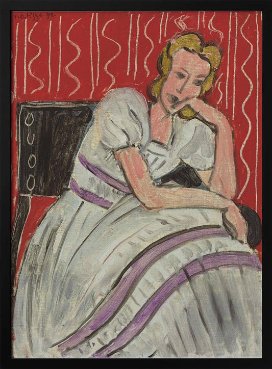 A Fauvist style painting by Henri Matisse from 1942. It features a pensive blonde woman in a white dress with purple stripes, sitting in a black chair against a vibrant red patterned background. She rests her head on her hand, looking thoughtful. Artwork