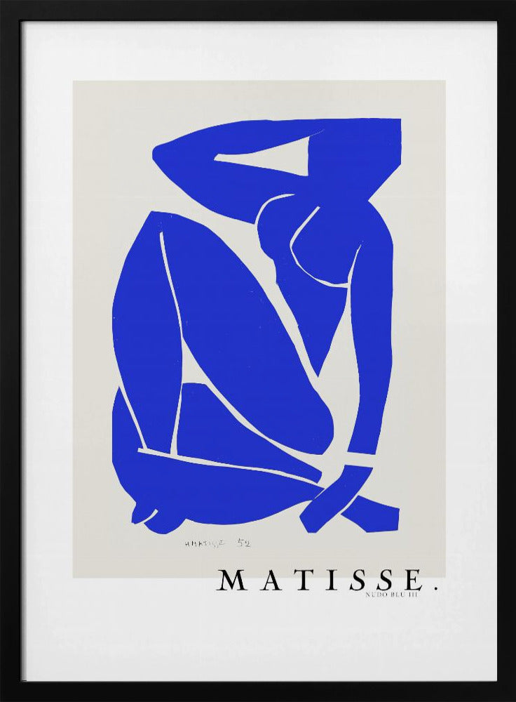 A framed art print of Henri Matisse's 'Blue Nude III', featuring a vibrant blue paper cut-out of a seated nude woman against an off-white background. Poster
