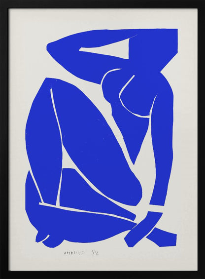 A framed print of Henri Matisse's 'Blue Nude II', featuring a bold, royal blue paper cutout of a seated female nude against an off-white background. The figure is stylized and abstract, with limbs folded and one arm behind her head. Print