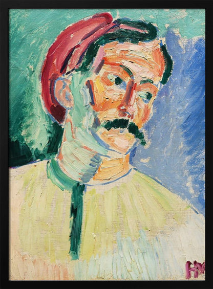 An expressionist portrait painting of a man with a thick black mustache wearing a red cap. His face is painted with a vibrant palette of orange, yellow, and pink, with green and blue used for shadows. The background is a mix of turquoise and deep blue, and the entire piece features heavy, visible brushstrokes. Artwork