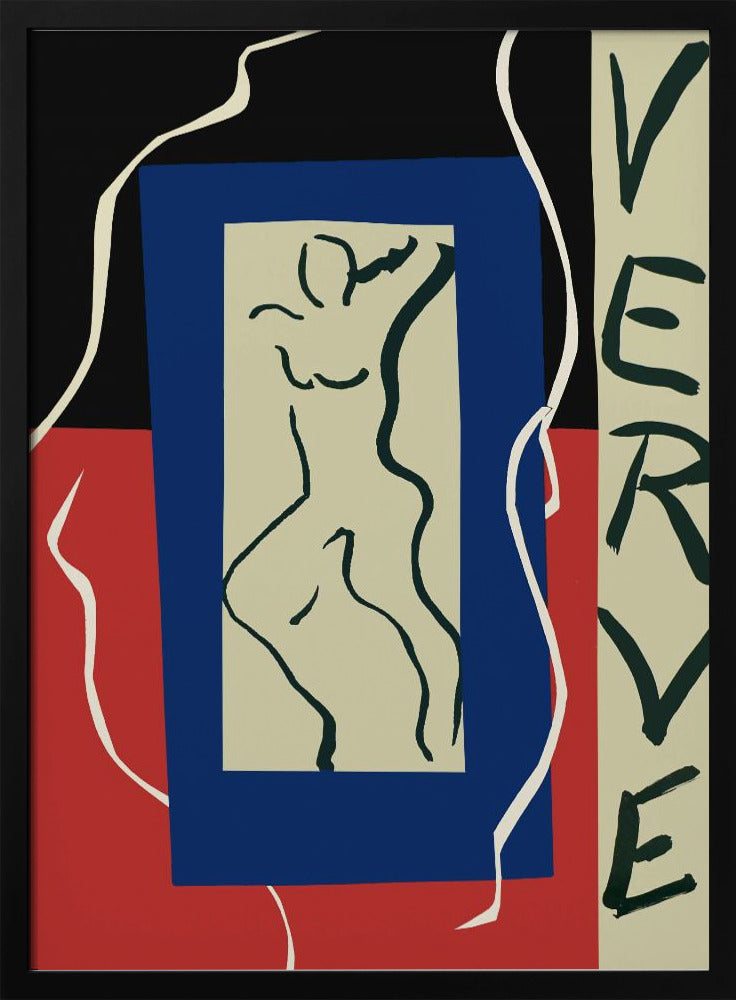 An abstract artwork by Henri Matisse featuring a stylized line drawing of a nude figure on a beige rectangle, which is set against a larger blue rectangle. The background is split between black on top and red on the bottom, with a flowing white line. On the right, the word 'VERVE' is written vertically in black letters. Decor