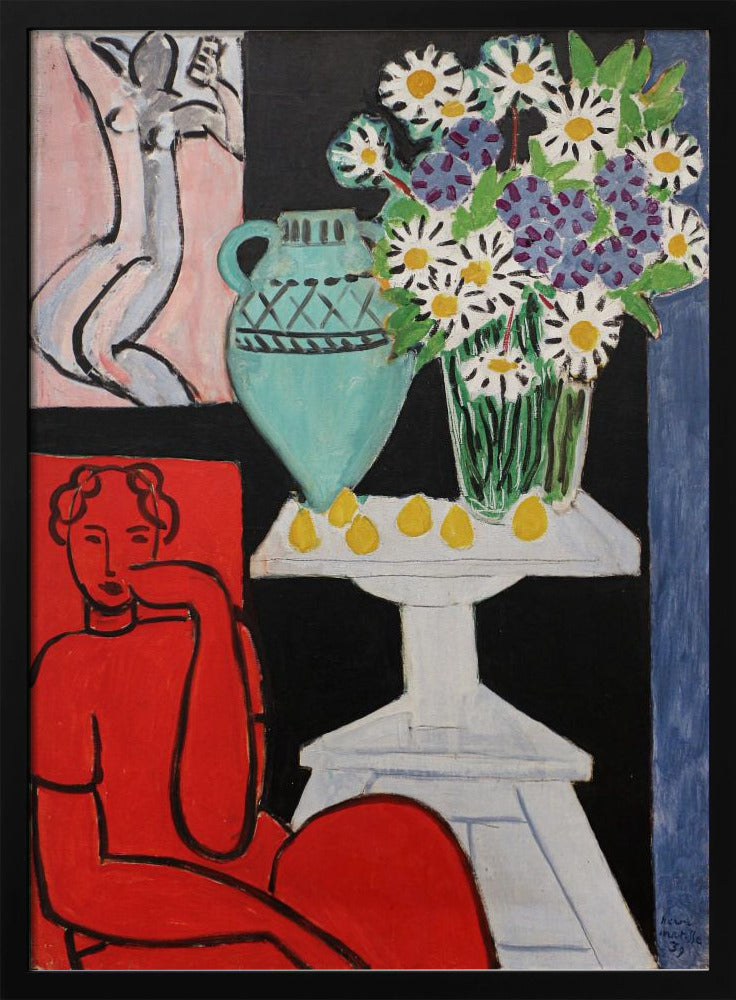 A vibrant Fauvist painting by Henri Matisse. A figure rendered in bold red sits in the foreground. Next to them, a white pedestal table holds a turquoise pitcher, a glass vase filled with white and purple daisies, and several yellow lemons, all set against a stark black background. In the upper left, a smaller picture of a grey nude figure hangs on a pink wall. Poster
