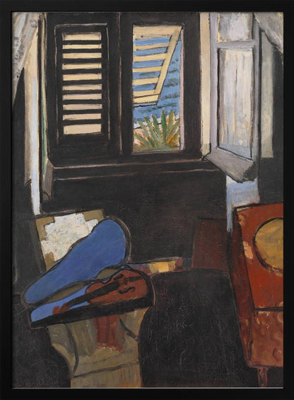 A modernist painting depicting a dark interior scene. In the foreground, a violin rests in its open case, the top of which is a vibrant blue. In the background, a window with dark shutters offers a glimpse of a bright, sunny coastal view with blue sea and green foliage. Wall Art