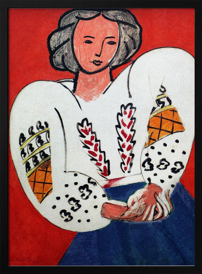 A colorful Fauvist painting by Henri Matisse depicting a woman with dark hair against a bold red background. She is wearing a traditional white Romanian blouse with voluminous, patterned sleeves and a blue skirt, with her hands clasped in her lap. Wall Art