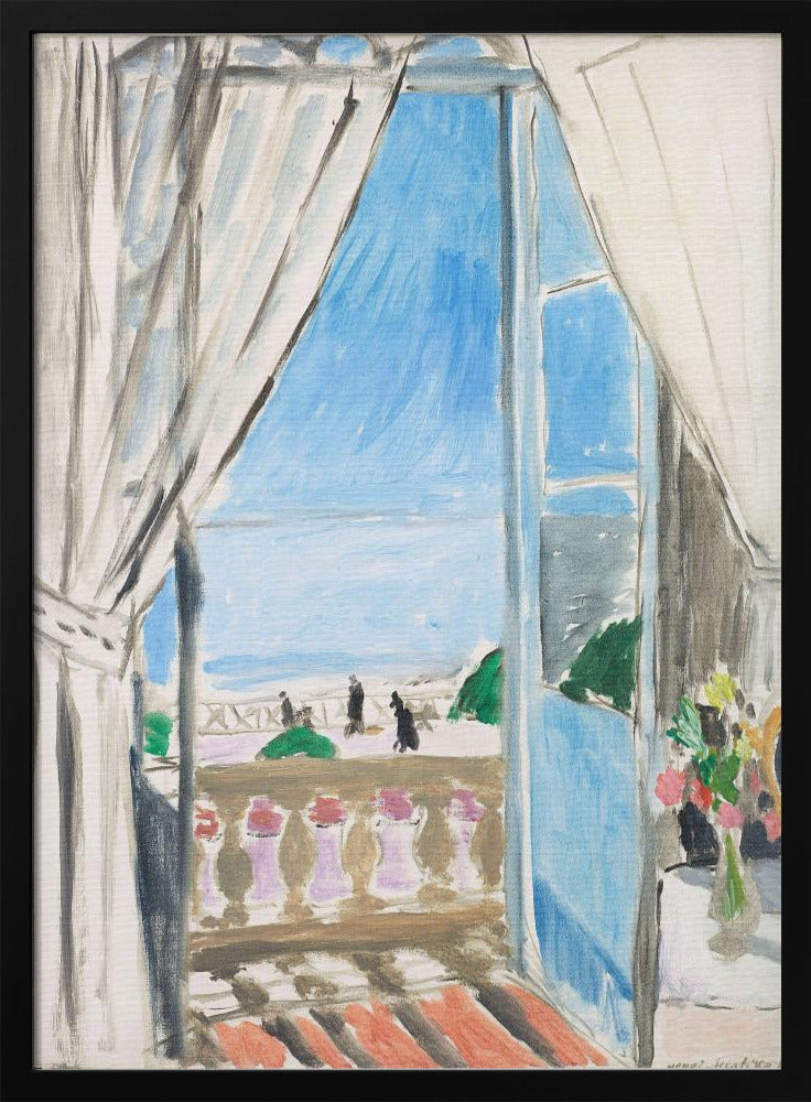 A Fauvist-style painting by Henri Matisse of a view from a window. The scene looks out from behind white curtains, over a balcony with a terracotta floor, to a bright blue sea and sky. Silhouettes of people walk along a promenade in the distance. To the right, a small vase of colorful flowers sits on a table. Decor
