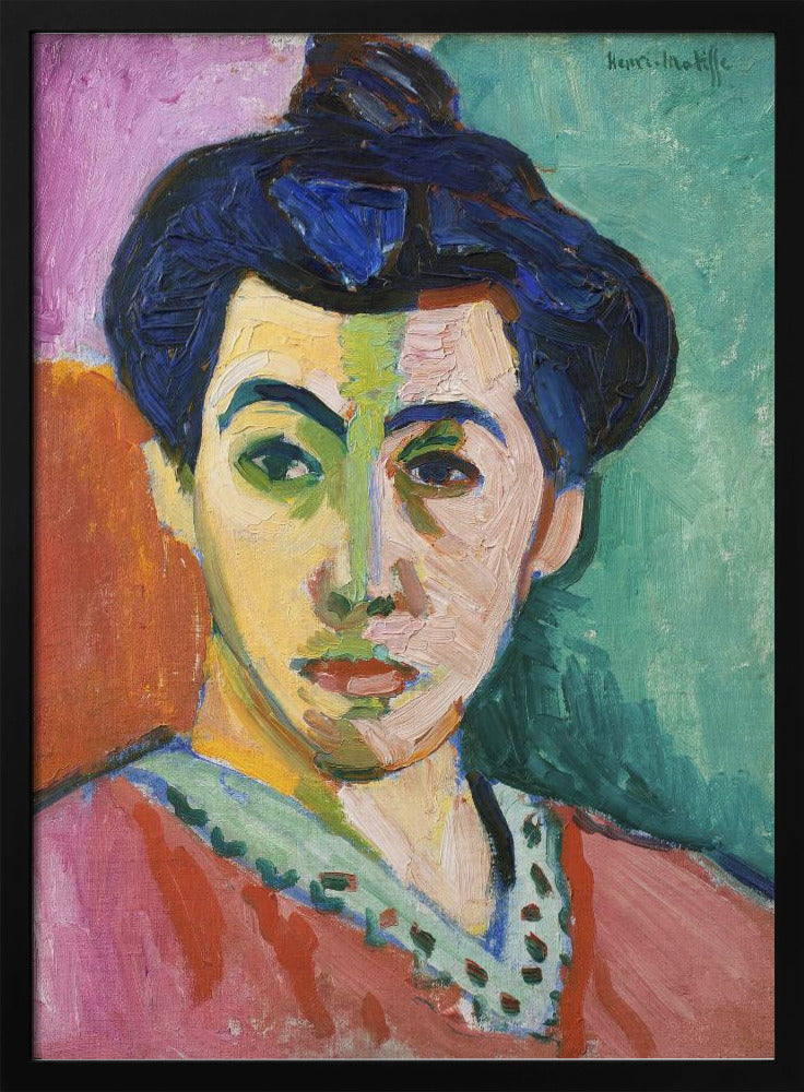 A Fauvist portrait painting by Henri Matisse, 'The Green Stripe,' featuring a woman with dark hair in an updo. Her face is strikingly rendered with unrealistic colors, bisected by a prominent green stripe. The background is composed of bold, flat planes of pink, orange, and teal. Print
