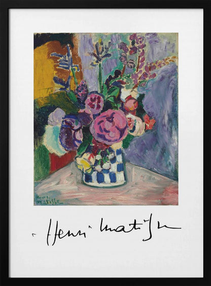 A framed art print of a vibrant Henri Matisse painting. The still life features a bouquet of colorful pink, purple, and white flowers in a blue and white checkered vase, set against a multi-toned background. The artist's signature is displayed below the painting on the white mat. Print