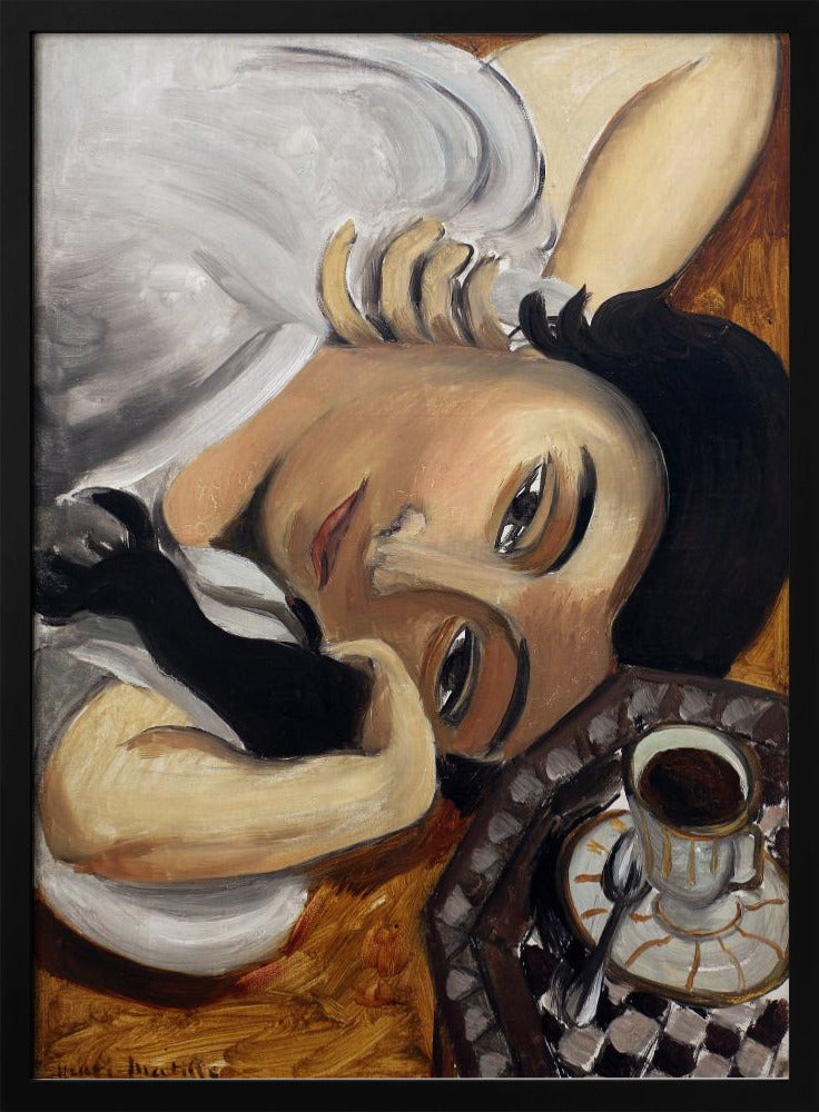 A Fauvist-style painting depicting a woman with dark hair and one black glove, reclining with her head tilted towards the viewer. Next to her is a checkered tray holding a cup of coffee. Poster