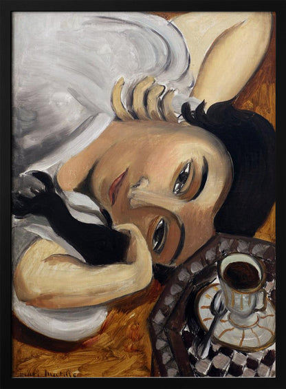 A Fauvist-style painting depicting a woman with dark hair and one black glove, reclining with her head tilted towards the viewer. Next to her is a checkered tray holding a cup of coffee. Poster