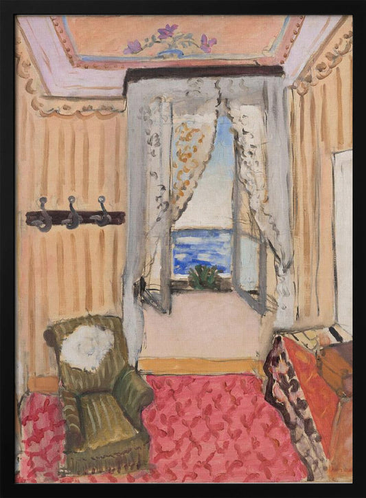 An impressionistic painting of a cozy room with an open window overlooking a bright blue sea. The room is decorated with peach-colored walls, a pink patterned rug, and a green armchair, creating a warm, inviting atmosphere. Print