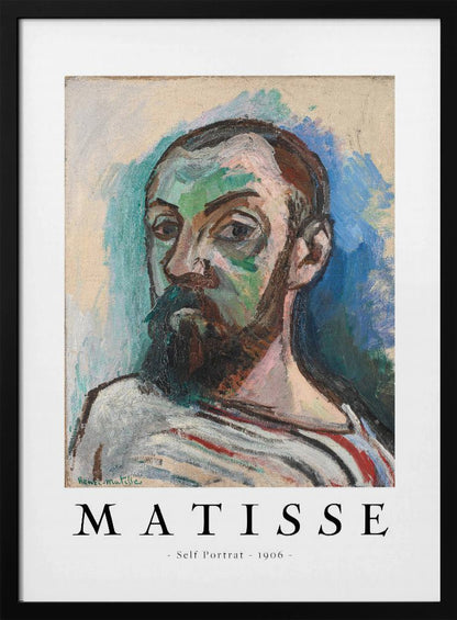 A framed art print of Henri Matisse's 'Self Portrait' from 1906. The Fauvist painting features a man with a dark beard, rendered in bold strokes of green, beige, and brown, against a vibrant blue and light green background. Below the artwork, text reads 'MATISSE - Self Portrait - 1906'. Wall Art