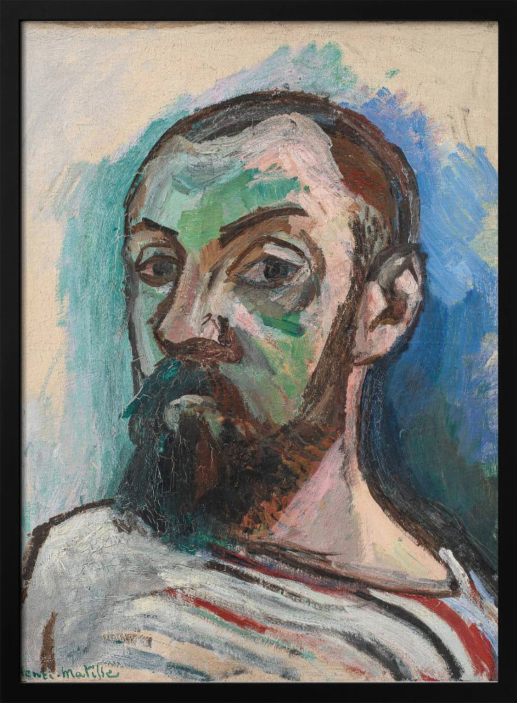 A Fauvist style self-portrait by Henri Matisse, characterized by bold, expressive brushstrokes and non-naturalistic colors. The subject's face is painted with patches of green and pink, and he has a dark beard and mustache. He wears a striped shirt and looks intently forward, against a background of vibrant blue and off-white. Print
