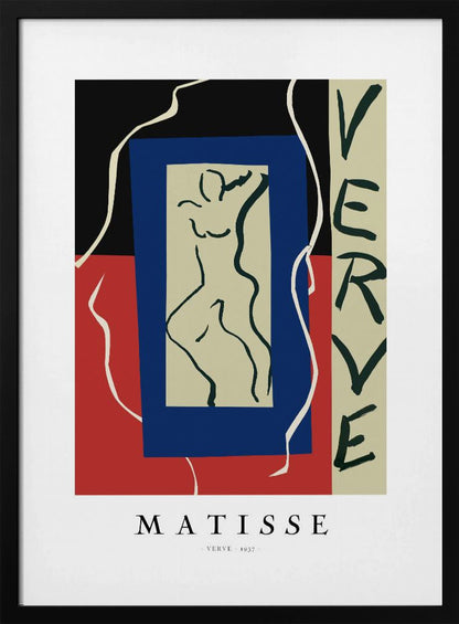 A framed art print of Henri Matisse's 'Verve' from 1937. The abstract composition features bold color blocks of black, red, and blue. In the center is a line drawing of a dancing figure, and the word 'VERVE' is written vertically on the right side. Poster