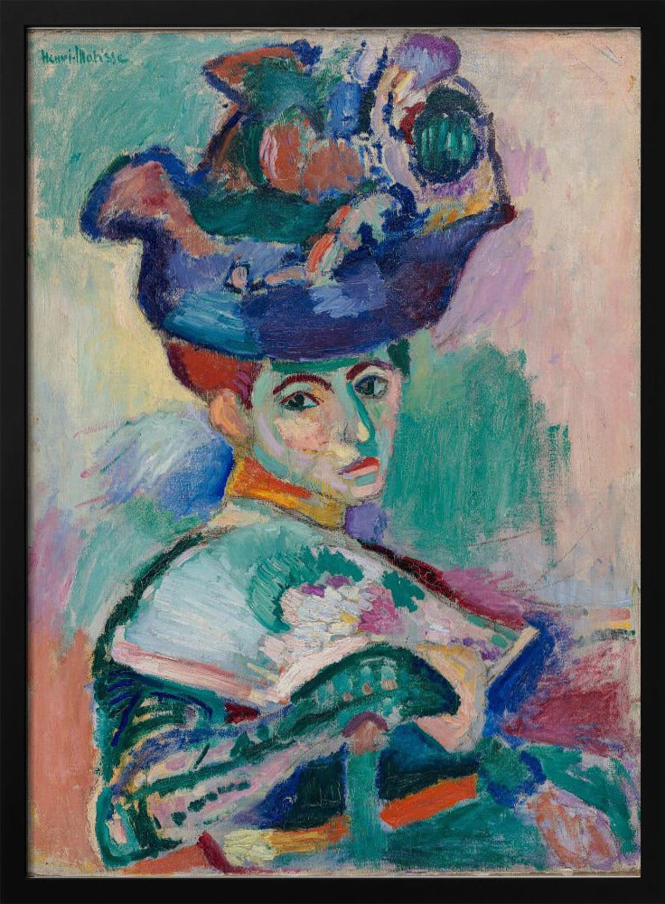 A vibrant Fauvist portrait painting by Henri Matisse of a woman with red hair wearing an elaborate, colorful blue, purple, and green hat. The painting features bold, expressive brushstrokes and non-naturalistic colors, with a background of green, pink, and yellow hues. Wall Art