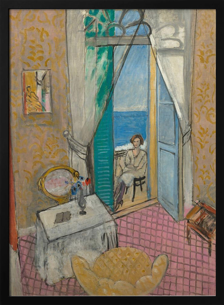 A vibrant Fauvist painting by Henri Matisse, 'Interior at Nice', depicting a room with pink tiled floors and yellow patterned wallpaper. An open french door reveals a woman sitting on a balcony overlooking a bright blue sea. Decor