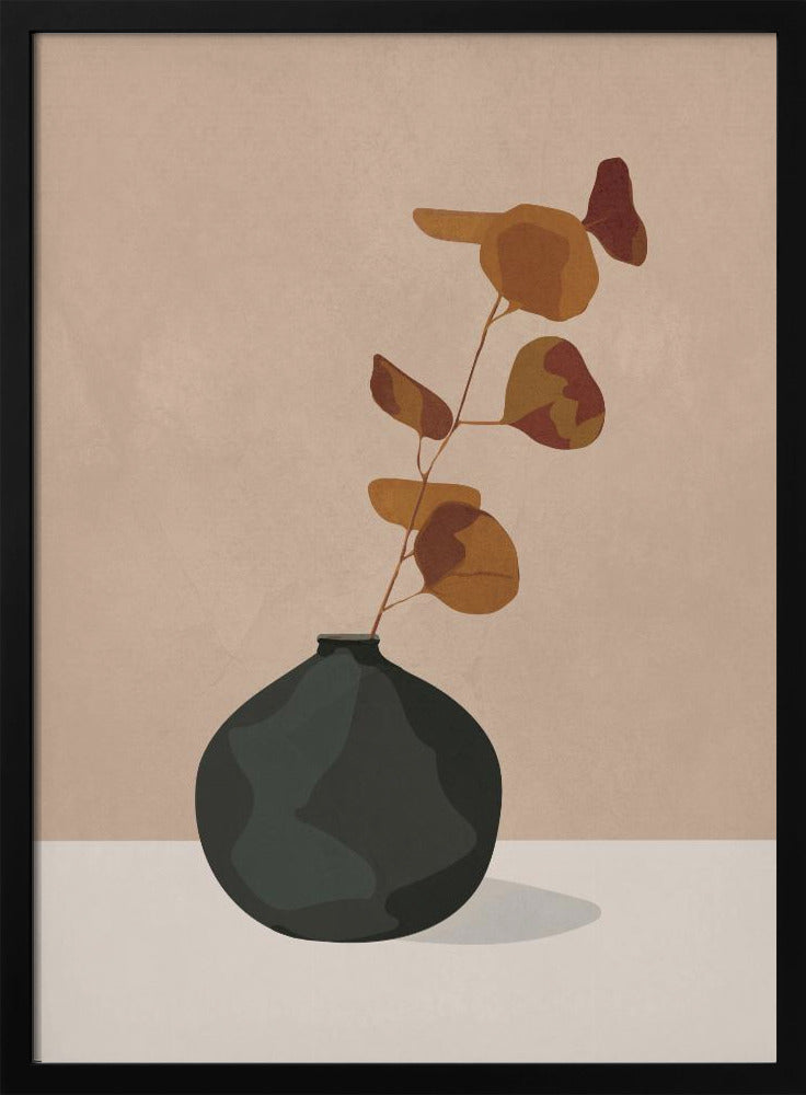 A minimalist illustration of a single eucalyptus stem with rust and orange colored leaves in a dark, matte, rounded vase. The vase sits on a light-colored surface against a solid beige background, creating a simple and modern composition with earthy tones. Wall Art