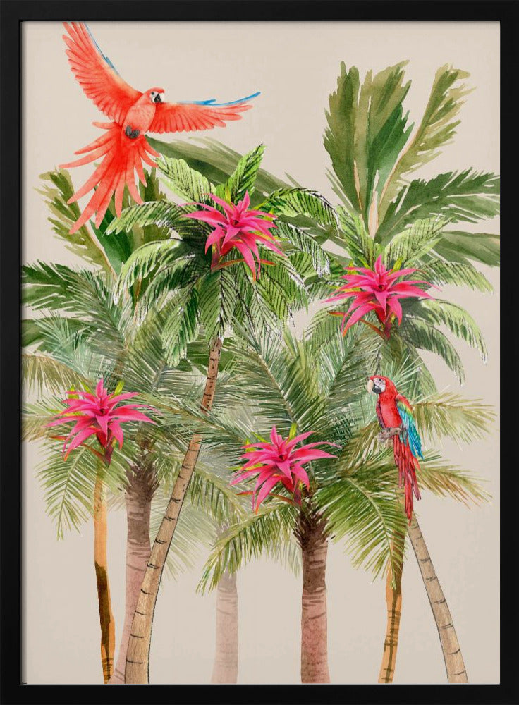 A watercolor painting of a tropical scene featuring several palm trees with bright pink bromeliad flowers. A vibrant red macaw is in flight at the top left, and another red and blue macaw is perched on a palm frond on the right, all set against a light beige background. Wall Art