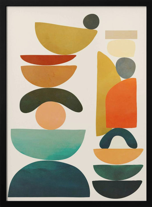 A mid-century modern abstract art print featuring two vertical stacks of various geometric and organic shapes. The shapes, including semi-circles, circles, and crescents, are colored in an earthy palette of mustard yellow, terracotta, teal, dark green, and grey, all set against a light cream background and framed in black. Print