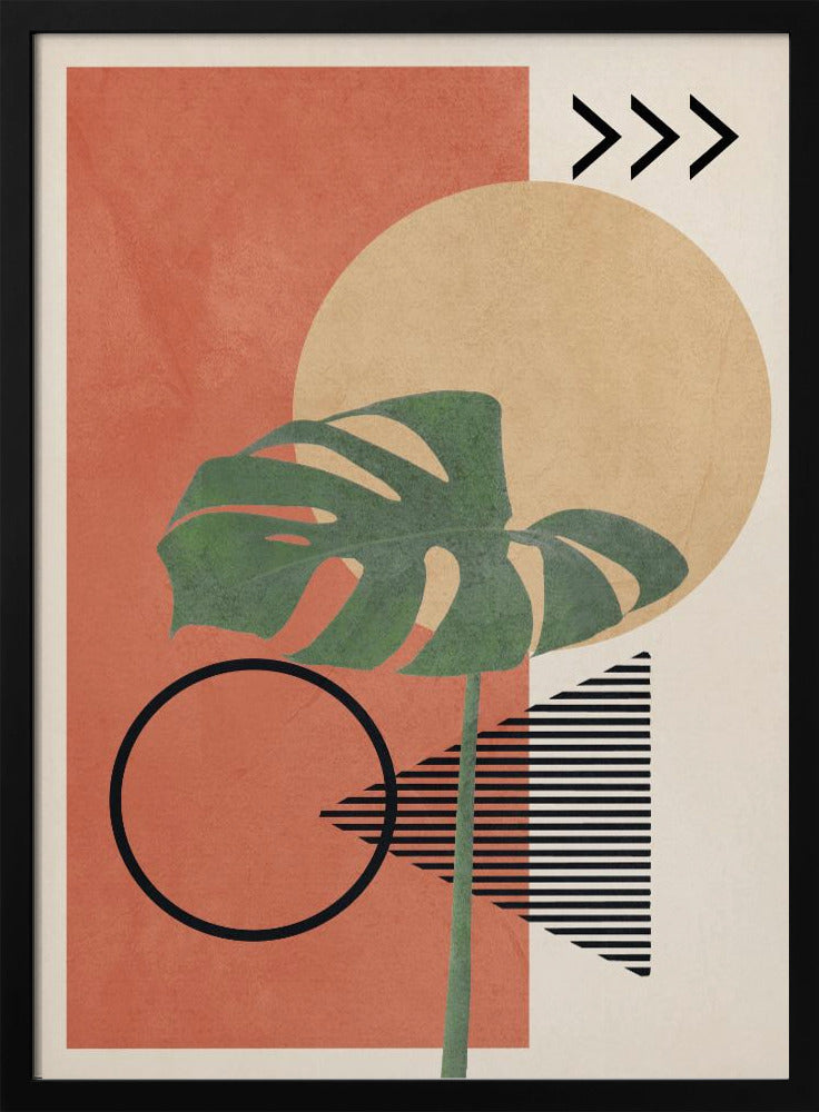 A modern abstract art print featuring a large green monstera leaf overlaid on a collection of geometric shapes. The background includes a terracotta rectangle, a large beige circle, and a cream-colored area with a striped triangle and three chevrons. A black outline of a circle sits in the lower left. Print