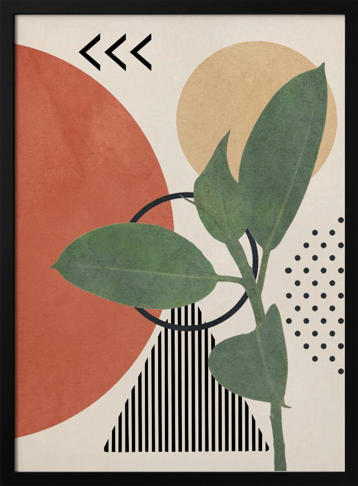 A modern abstract art print featuring a green leafy plant overlaid on a collage of geometric shapes, including a large terracotta circle, a beige circle, a black and white striped triangle, and a pattern of black dots, all on a cream background. Print