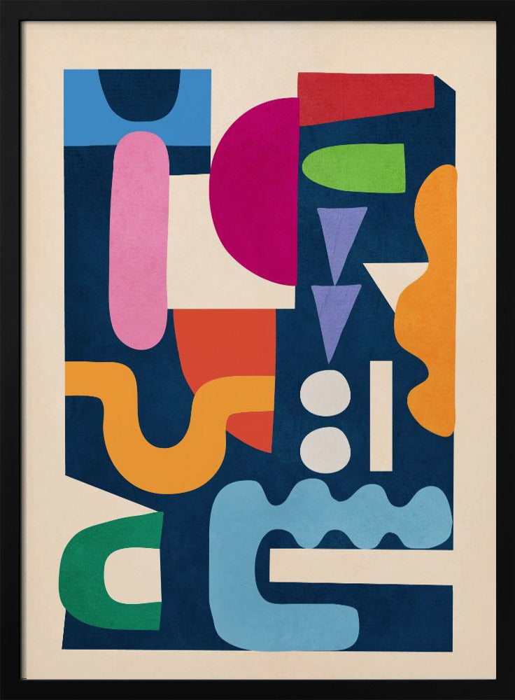 A modern abstract art print in a black frame, featuring a vibrant collage of colorful, cut-out style shapes against a dark navy blue background. The composition includes a mix of geometric and organic forms in shades of magenta, pink, orange, green, red, purple, and light blue, all contained within a cream-colored border. Print