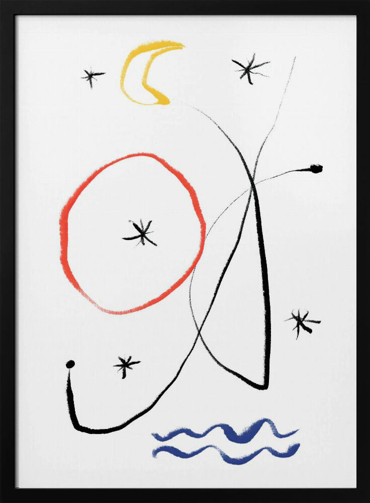 A minimalist abstract painting with a white background, featuring whimsical shapes in primary colors. There is a hand-drawn red circle, a yellow crescent moon, several black asterisk-like stars, and fluid black lines. At the bottom, two wavy blue lines suggest water. Artwork