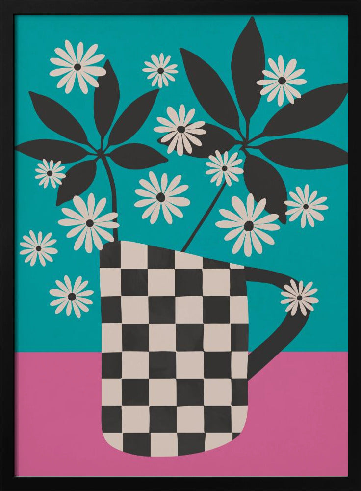 A graphic illustration of stylized white daisies and dark leaves in a black and white checkered vase, set against a color-blocked background of vibrant teal and pink. Wall Art