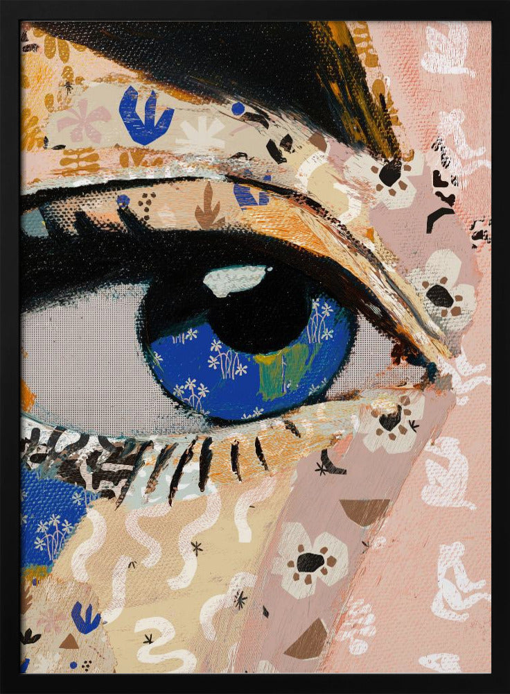 A vibrant mixed-media collage painting focusing on a large human eye. The iris is a deep blue filled with tiny white flower patterns, while the surrounding skin is a patchwork of pink and beige papers with various abstract and floral motifs. The eye is framed by thick black eyeliner. Wall Art