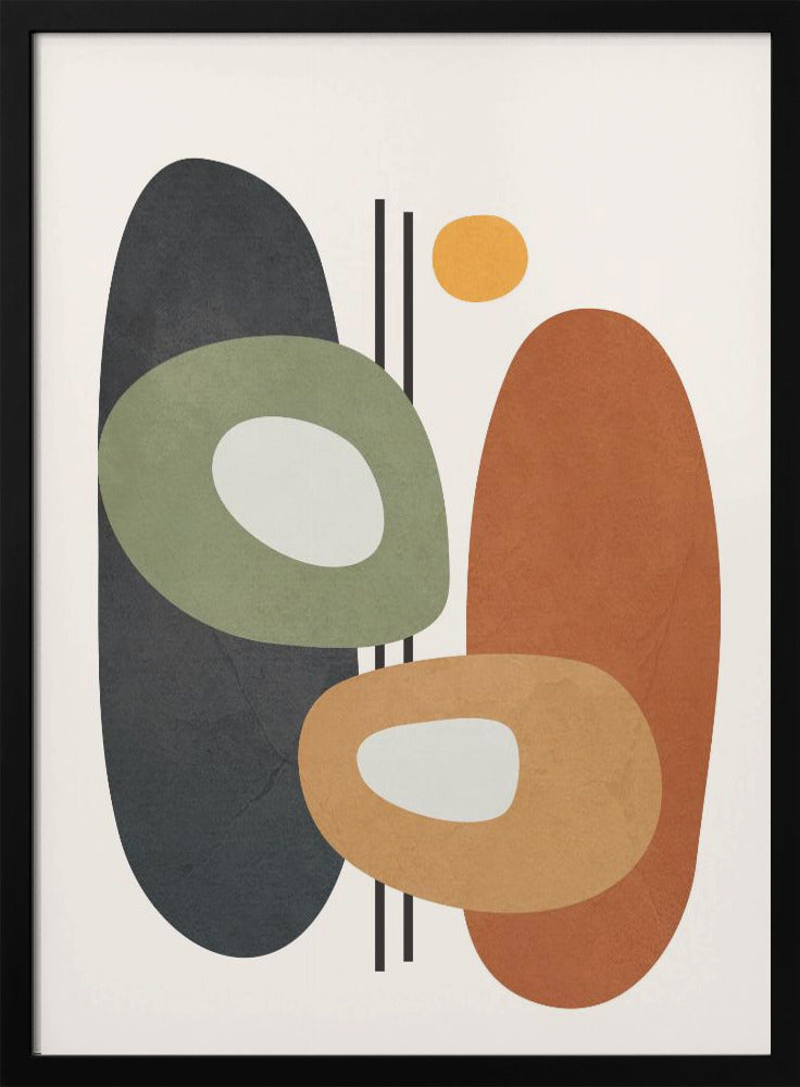 An abstract art print in a black frame, featuring a collection of overlapping organic shapes in muted earth tones. A large dark gray oval is on the left, next to a burnt orange oval on the right. In front of them are two ring-like shapes, one olive green and one light orange, both with off-white centers. A small yellow circle is near the top, and thin vertical black lines cut through the composition. The background is a soft off-white. Print